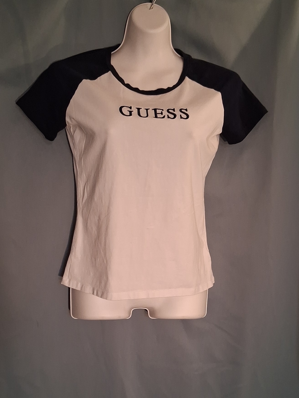 GUESS White Tee with Black Raglan Sleeves and Logo
